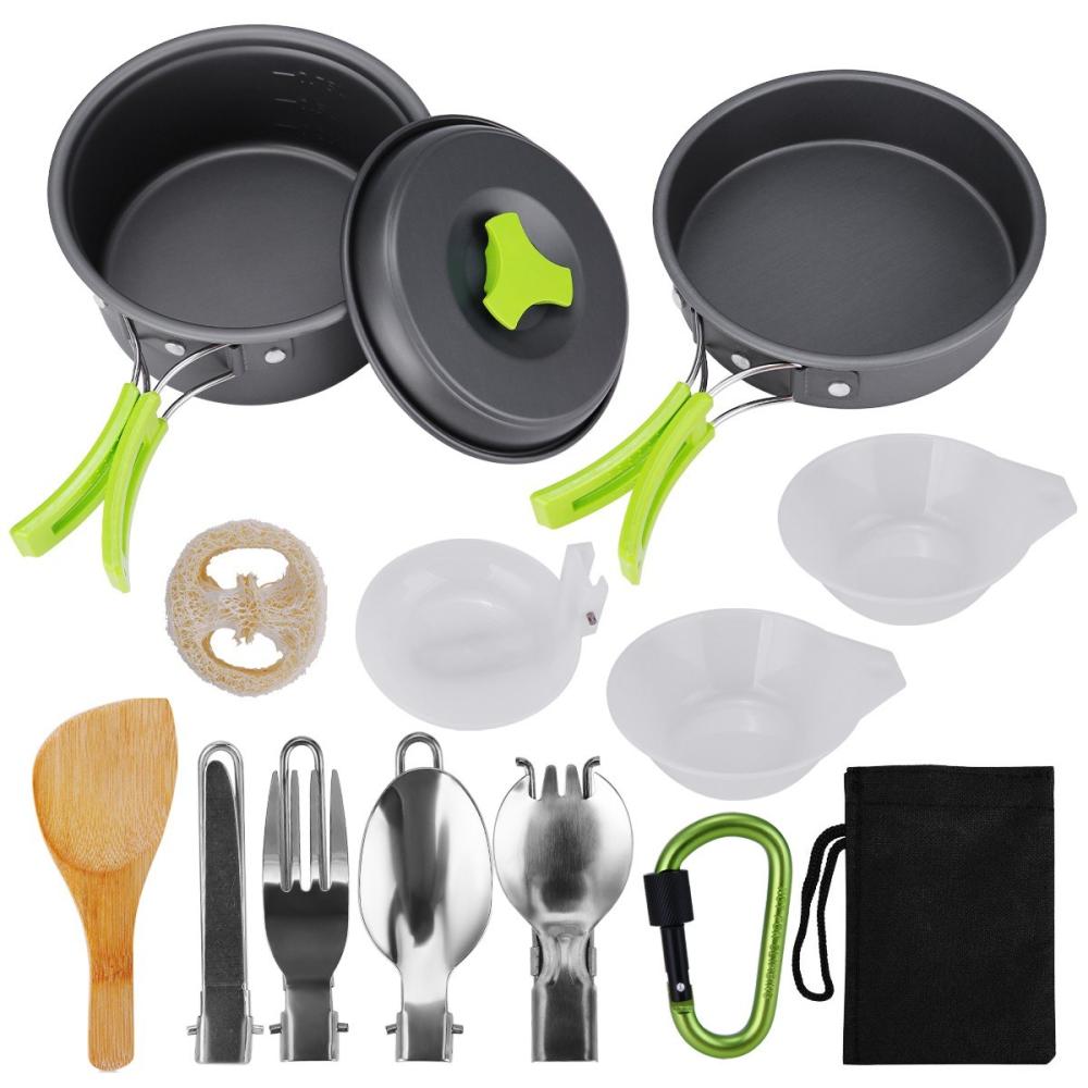 Camp Kitchen |  Camping Cookware, 15Pcs Backpacking Gear Hiking Outdoors Non Stick Camping Cookware Set 1-2 People Lightweight Compact Durable Pot Pan Bowls Camp Kitchen Camp Kitchen