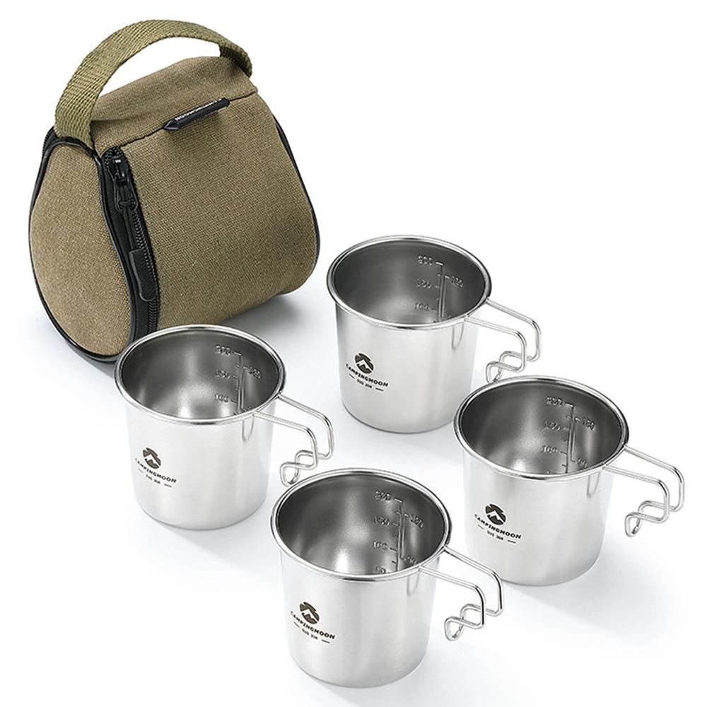 Camp Kitchen |  CAMPINGMOON 210ml Four Outdoor Stainless Steel Sierra Cups with a Storage Bag Camp Kitchen Brown