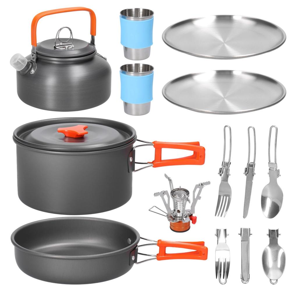 Camp Kitchen |  Outdoor Portable Picnic Cookware Kit Aluminum Alloy Pot Frying Pan Kettle Cups Furnace Set for Picnic Camping Hiking Backpacking Trekking Fishing Camp Kitchen Black+Silver