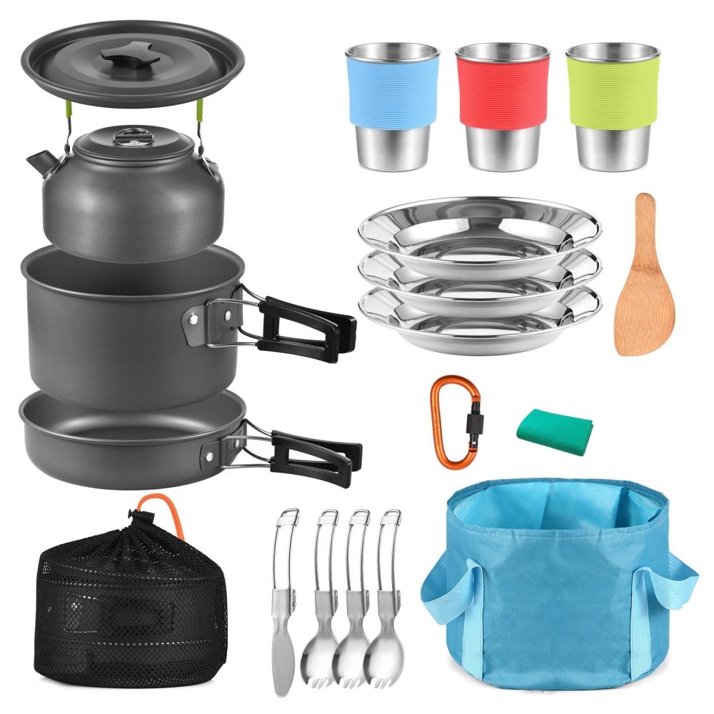 Camp Kitchen |  TOMSHOO 22pcs Camping Cookware Mess Kit Camping Pot and Pan Cooking Set Outdoor Camping Hiking Backpacking Survival Gear Camp Kitchen Camp Kitchen