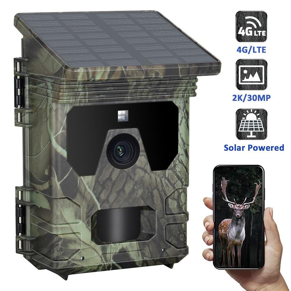 Hunting Cameras |  Solar Power 2.0 inch TFT Display Screen Outdoor 4G Infrared Hunting Camera 2K 30MP APP Remote Control Support Online Video Viewing Hunting Army Green