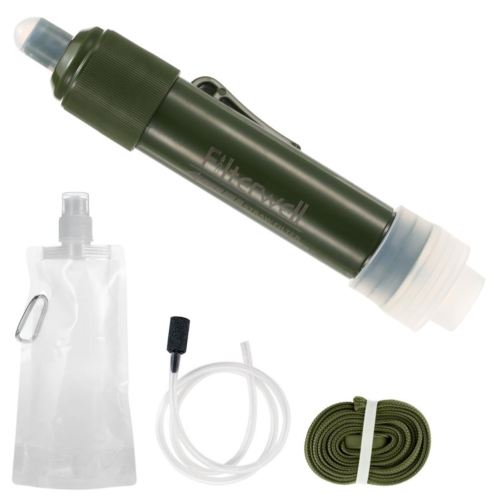 Outdoor Appliances |  Outdoor Water Filtration System Water Filter Straw Purifier with Drinking Pouch Camping & Hiking Blue / Army Green