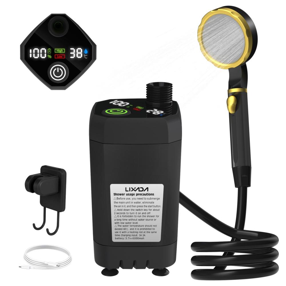 Outdoor Tools |  Lixada Portable Camping Shower Pump Kit Camp Shower w/ Full Screen Intelligent Digital Display Adjustable 6000mAh Shower Kit Camping & Hiking Orange/ Green/ Blue/ Black/ Gray