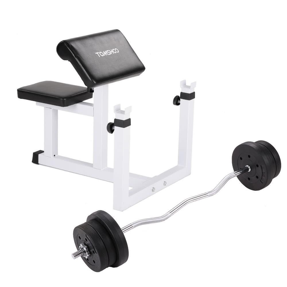 Physical Fitness |  TOMSHOO Adjustable Biceps Arm Preacher Curl Bench Barbell Rack + 44LB Adjustable Weight Lifting Barbell Set Physical Fitness Physical Fitness