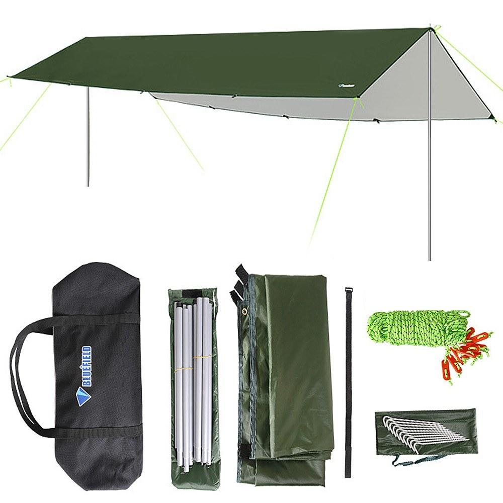 Tents |  3x6m Awning Waterproof Tarp Tent Shade with Pole Folding Camping Canopy Ultralight Beach Sun Shelter for Camping Hiking and Survival Shelter Camping & Hiking Green / Khaki