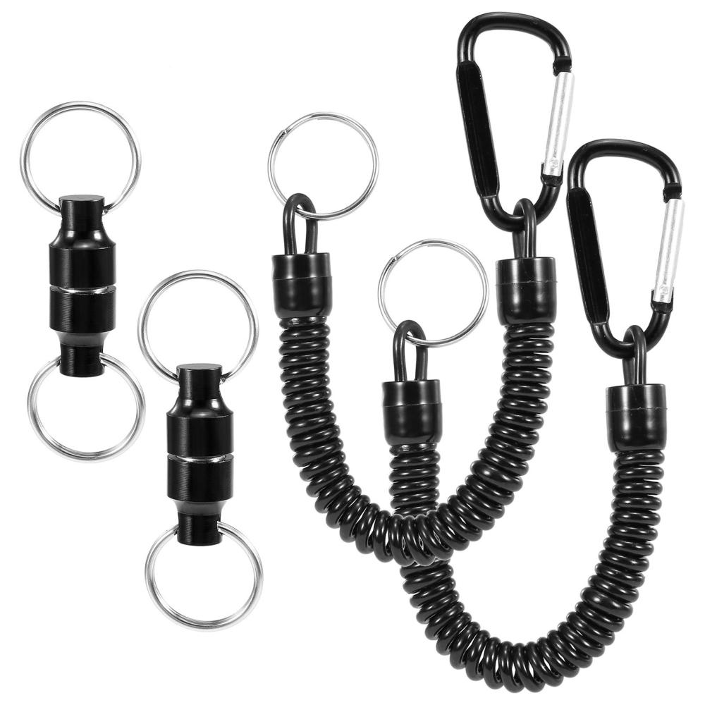 Fishing Accessories |  Lixada 2pcs Magnetic Net Release Holder Keeper Landing Net Connector with Coiled Lanyard Carabiner Clip for Fly Fishing Fishing Black